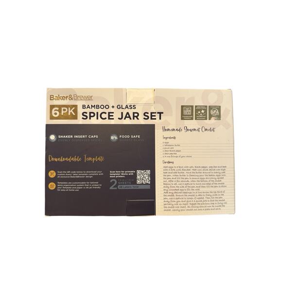 Baker & Brewer Bamboo & Glass Spice Jar Set (6 Pack) with Airtight Lids & Labels - Picture 4 of 6